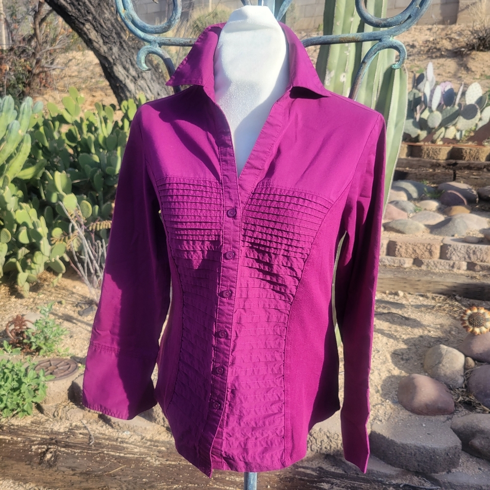 Fitted Eggplant Smocked Long Sleeve Blouse